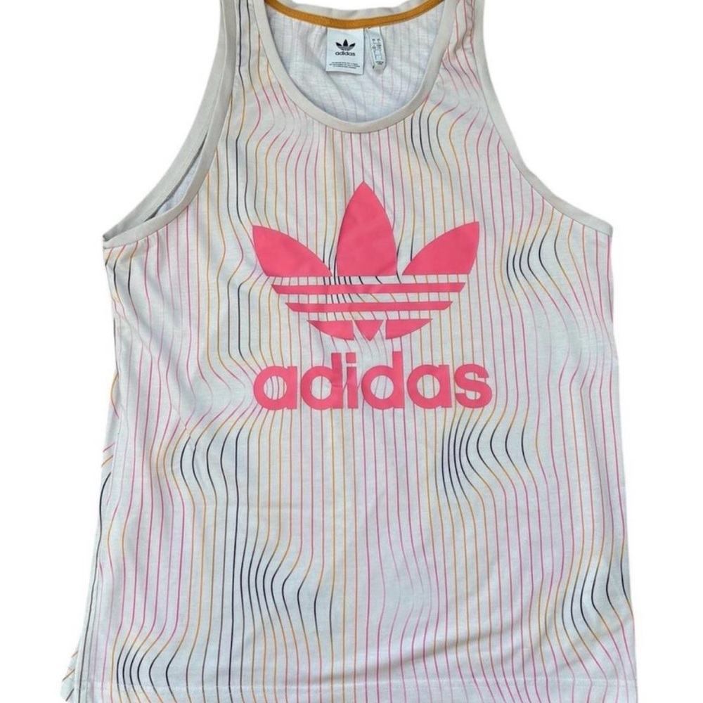Adidas White and Pink Striped Tank